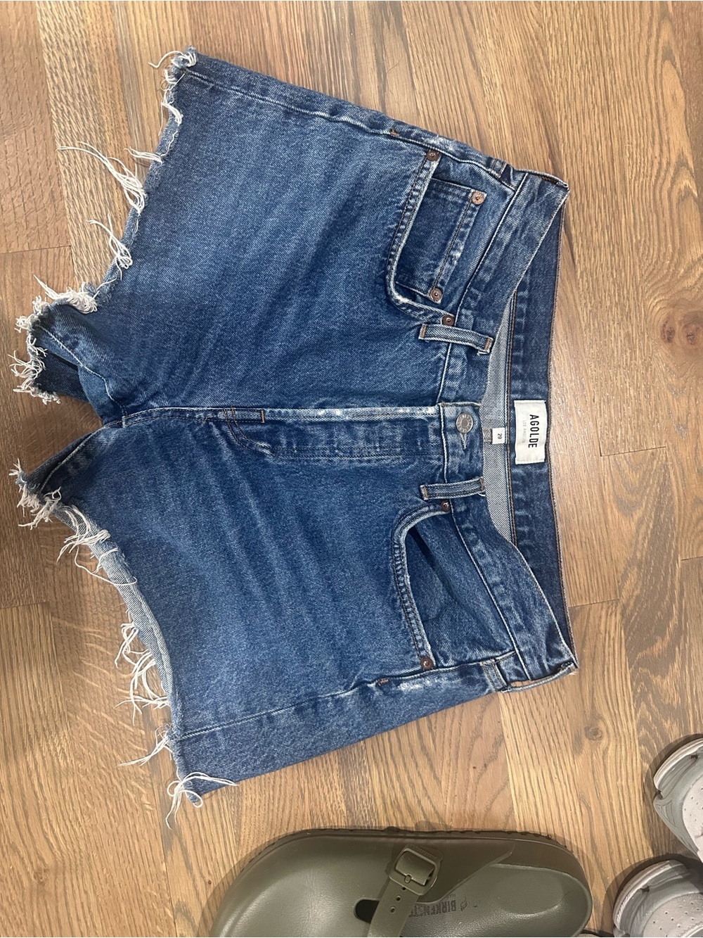 Agolde Parker Dark Blue High-Rise Frayed Hem Denim Shorts